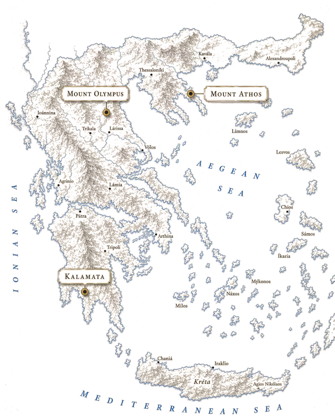 Illustrated map of Greece marking Kalamata, Mount Olympus, and Mount Athos